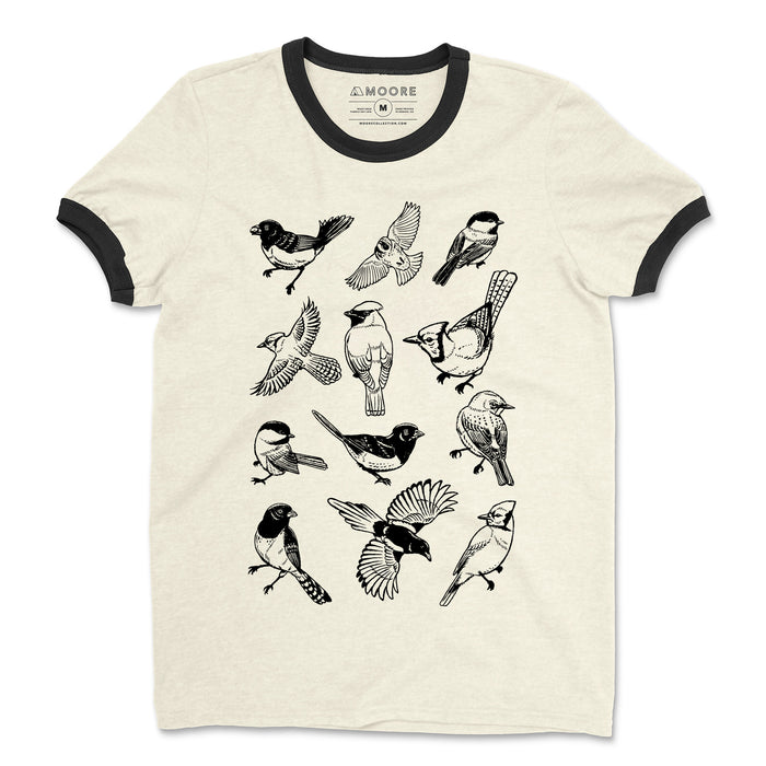 Birds Pattern Ringer Tee-Natural/Black